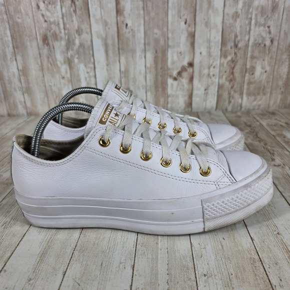 Converse All Star Lift Leather Low‎ Top Platform Sneakers White Gold Eyelets 9 - Picture 1 of 7